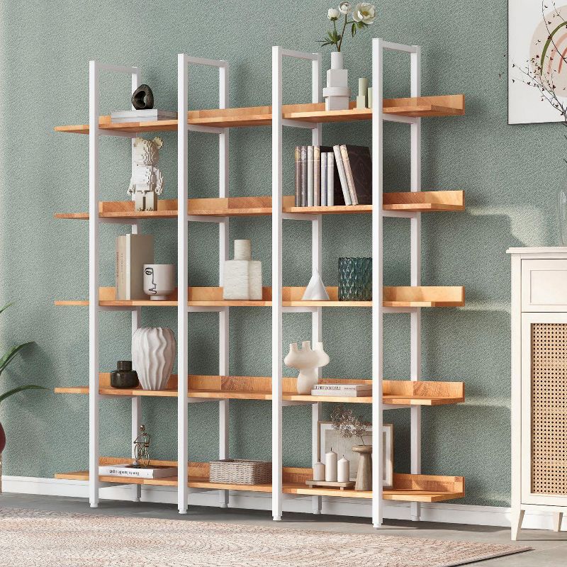 5 Tier Bookcase Home Office Open Bookshelf, Vintage Industrial Style Shelf Wood and Metal Etagere Bookshelves for Home Decor Display-The Pop Home, 1 of 12
