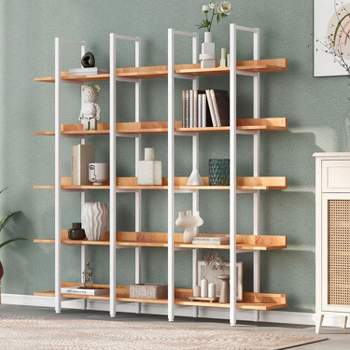 5 Tier Bookcase Home Office Open Bookshelf, Vintage Industrial Style Shelf Wood and Metal Etagere Bookshelves for Home Decor Display-The Pop Home
