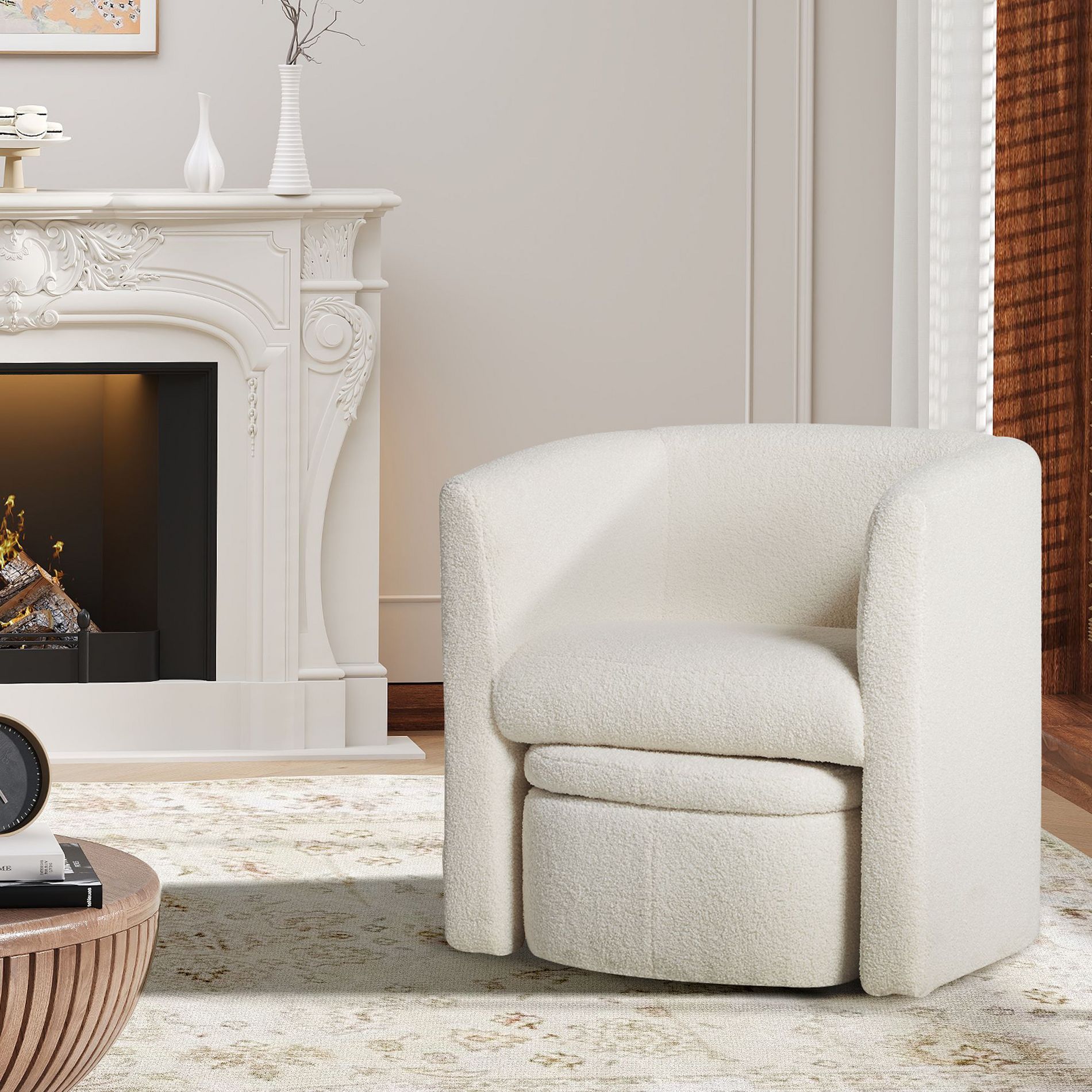 Barrel Chair with Storage Ottoman Set    Cream