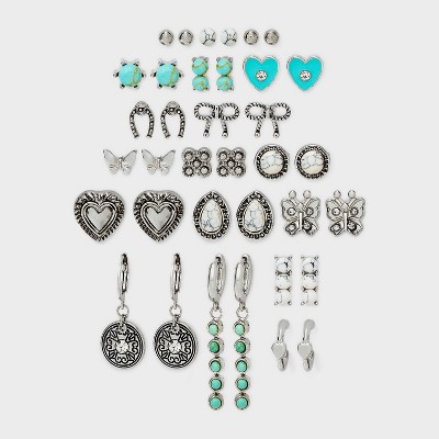 Butterfly Bows and Hearts with Turquoise Howlite Earring Set 18pc - Wild Fable™ Silver/Turquoise: Post, Clip-In Clasp, Recycled Zinc