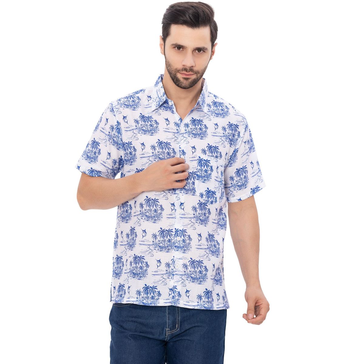 HAPPY BAY Mens Hawaiian Shirts Short Sleeve Button Down Shirt Men's Casual Shirts Linen Effect Vacation Aloha Summer Party Shirts XXL Blue,Tree