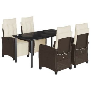 vidaXL 5 Piece Patio Dining Set with Cushions Brown Poly Rattan - 63" Table Length Round Leg 4 Items - 1 of 4