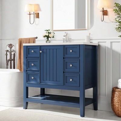 NicBex 36'' Bathroom Storage Cabinet with Sink, Bathroom Vanity, 1 Spacious Cabinet, 1 Open Shelf and 3 Drawers for Bathroom, Blue