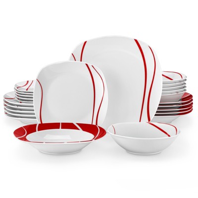 vancasso 24 Piece ivory White With Red Porcelain Dinnerware Set With 6 Piece Dinner/Dessert/Soup Plate and Bowl