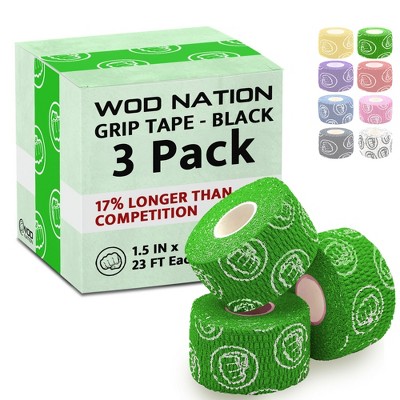 WOD Nation Bulk 3-Pack Weightlifting Hook Grip Tape, Comfortable & Stretchy Athletic Thumb Tape for Exercise (23ft Per Roll)- Green