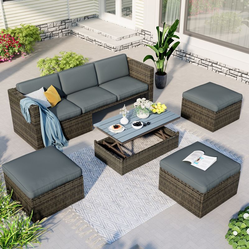 5-Piece Outdoor Patio Wicker Sofa Set with Adustable Backrest, Coversation Set with Lift Top Coffee Table - ModernLuxe, 2 of 13