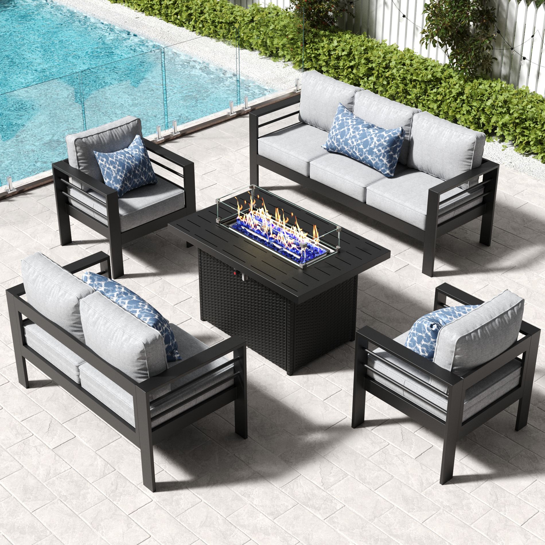LayinSun Aluminum Furniture Set with Fire Pit Table, 5 Pieces Patio Sectional Conversation Chat Sofa Modern Seating Set