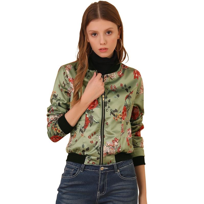 Allegra K Women's Stand Collar Floral Prints Zip Up Lightweight Short Jacket, 1 of 8