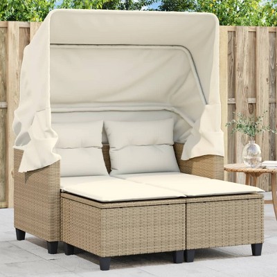 vidaXL Patio Sofa 2-Seater with Canopy and Stools Beige Poly Rattan