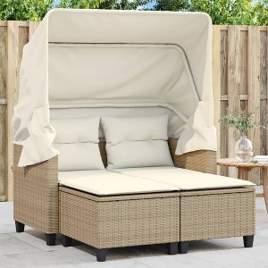 vidaXL Patio Sofa 2-Seater with Canopy and Stools Beige Poly Rattan - 1 of 4