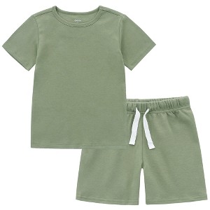 Owlivia Organic Cotton Toddler Short Sleeve Pajama Sets, Baby Summer 2Pc Sleepwear - Olive Green - 1 of 2