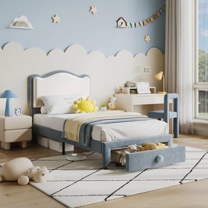 Upholstered Twin Bed Frame with Storage Drawer and Scallop Headboard, Velvet Platform Bed with Wooden Slats, No Box Spring Needed - 1 of 4