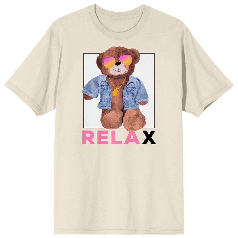 Teddy Drip "Relax" Chill Bear with Denim Jacket and Sunglasses Men's Natural Short Sleeve Crew Neck Tee, 1 of 4