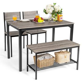 Costway 4pcs Dining Table Set Rustic Desk 2 Chairs & Bench w/ Storage Rack Grey