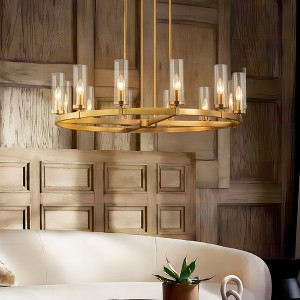 Rennnsan Mavita 35" W 12 -Light Glass Dimmable Mid-Century Wagon Wheel Chandelier in Brushed Gold & Black - 1 of 4