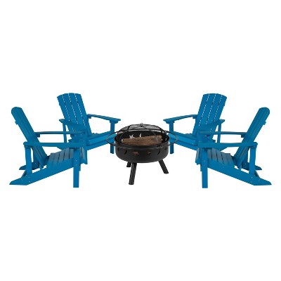 Merrick Lane Ayala 5 Piece Outdoor Leisure Set with Set of 4 Poly Resin Adirondack Chairs and Star and Moon Iron Fire Pit