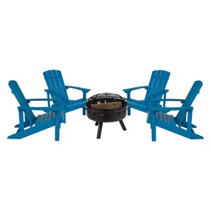 Merrick Lane Ayala 5 Piece Outdoor Leisure Set with Set of 4 Poly Resin Adirondack Chairs and Star and Moon Iron Fire Pit - 1 of 4