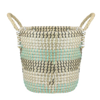 Northlight 14" Natural Woven Seagrass Basket with Teal, Black and White Accents