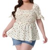 Agnes Orinda Women's Plus Size Floral Square Neck Smocked Bow Tie Short Sleeve Peplum Blouses - 2 of 4