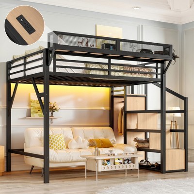 Lycvki Black Metal Loft Bed Frame with Storage Stairs, Shelves and Built-in Wardrobe
