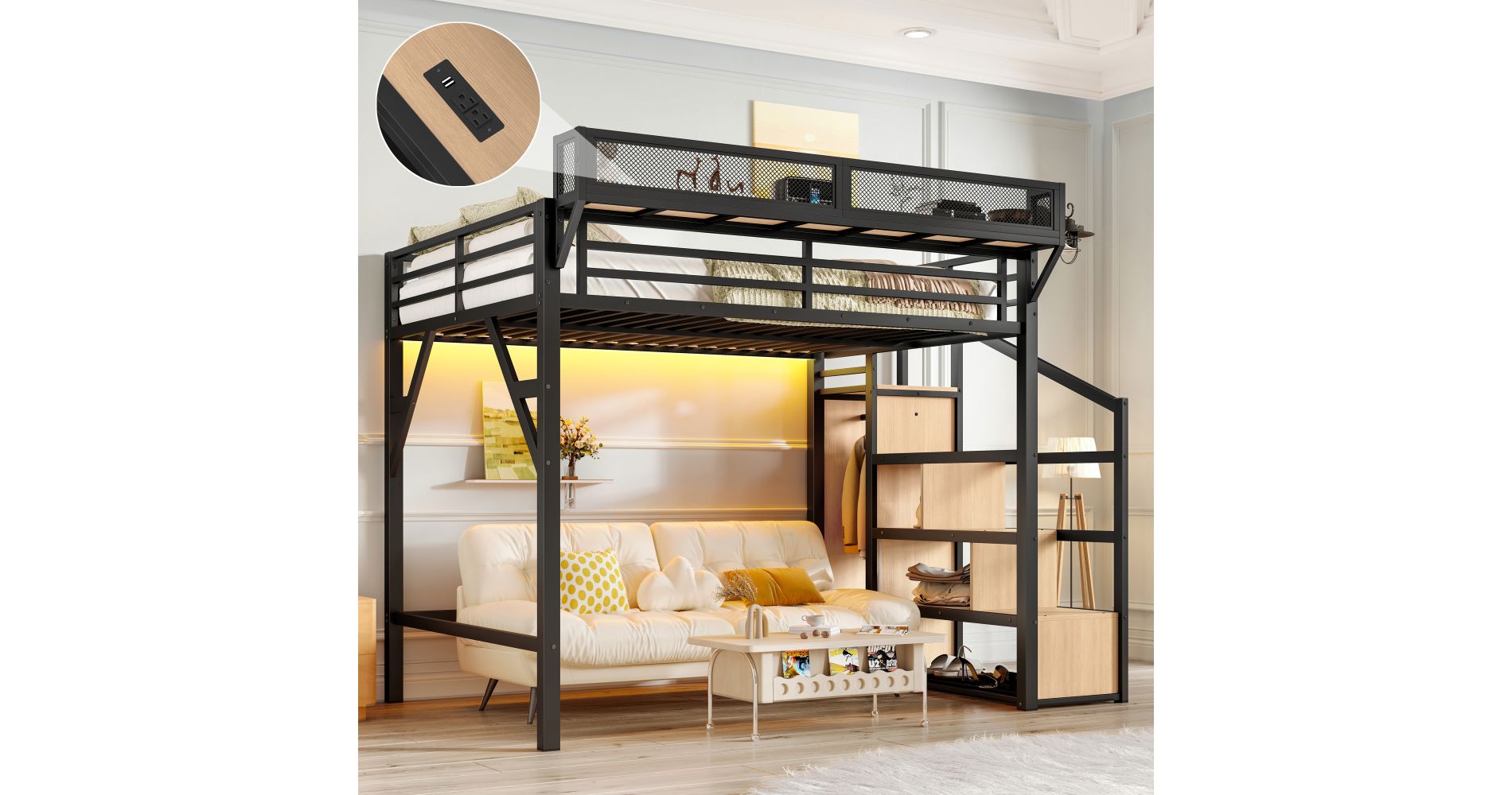 Lycvki Black Metal Full Loft Bed Frame with Storage Stairs, Shelves and Built-in Wardrobe