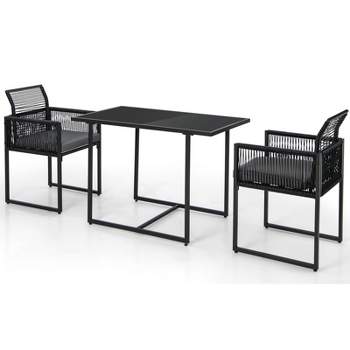 Tangkula Set of 3 PE Wicker Furniture Set Cushioned Chairs w/ Folding Backrest Patio Backyard