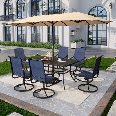 Captiva Designs 8pc Patio Dining Set with Rectangular steel table & Padded Sling Swivel Chairs & Market Umbrella