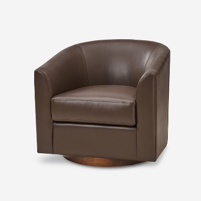 Jessie 30.5" Wide Modern Swivel Barrel Faux Leather Chair With Solid Wood Base|artful Living ...