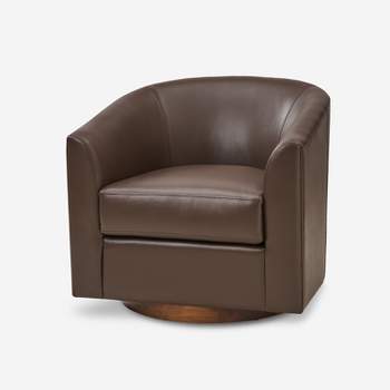 Jessie 30.5" Wide Modern Swivel Barrel Faux Leather Chair with Solid Wood Base|ARTFUL LIVING DESIGN