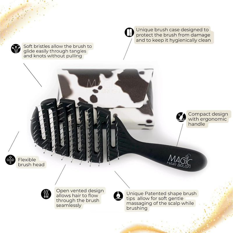 Magic Hair Brush Fashion Black, Flexible & Vented For Detangling w/ Cow Print Storage Wallet - Black/Cow Print, 3 of 8