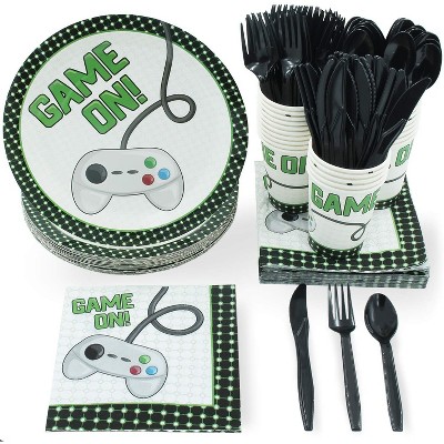 Juvale 144 Piece Video Game Birthday Party Supplies - Serves 24 Game On Theme for Gamer Night, Boys, Kids (Paper Plates, Napkins, Cups and Cutlery)