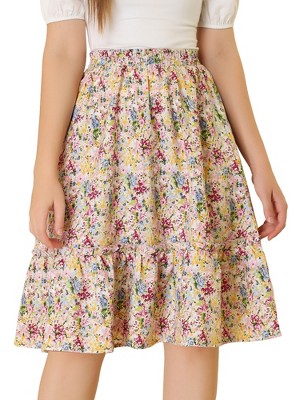 INSPIRE CHIC Women's Ruffle Hem Elastic Waist Flowy A-Line Swing Floral Midi Skirt