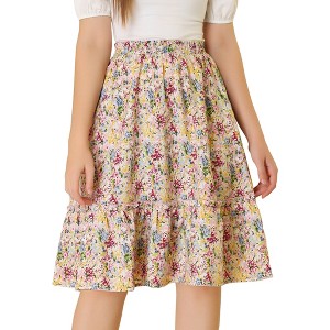 INSPIRE CHIC Women's Ruffle Hem Elastic Waist Flowy A-Line Swing Floral Midi Skirt - 1 of 4