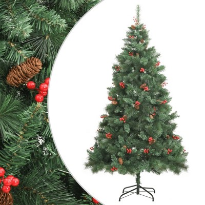 vidaXL Artificial Hinged Christmas Tree 94.5", Lifelike Green PVC, with Cones and Berries Decorations, with Metal Stand