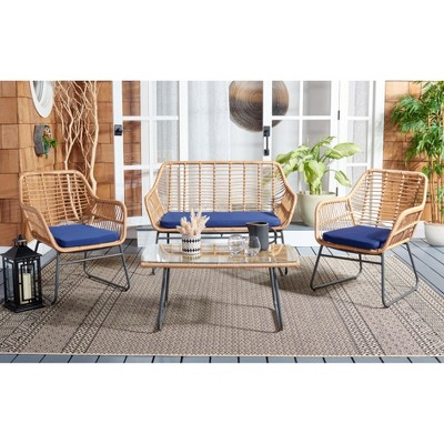 Natural Rattan 4-Piece Patio Set with Navy Cushions