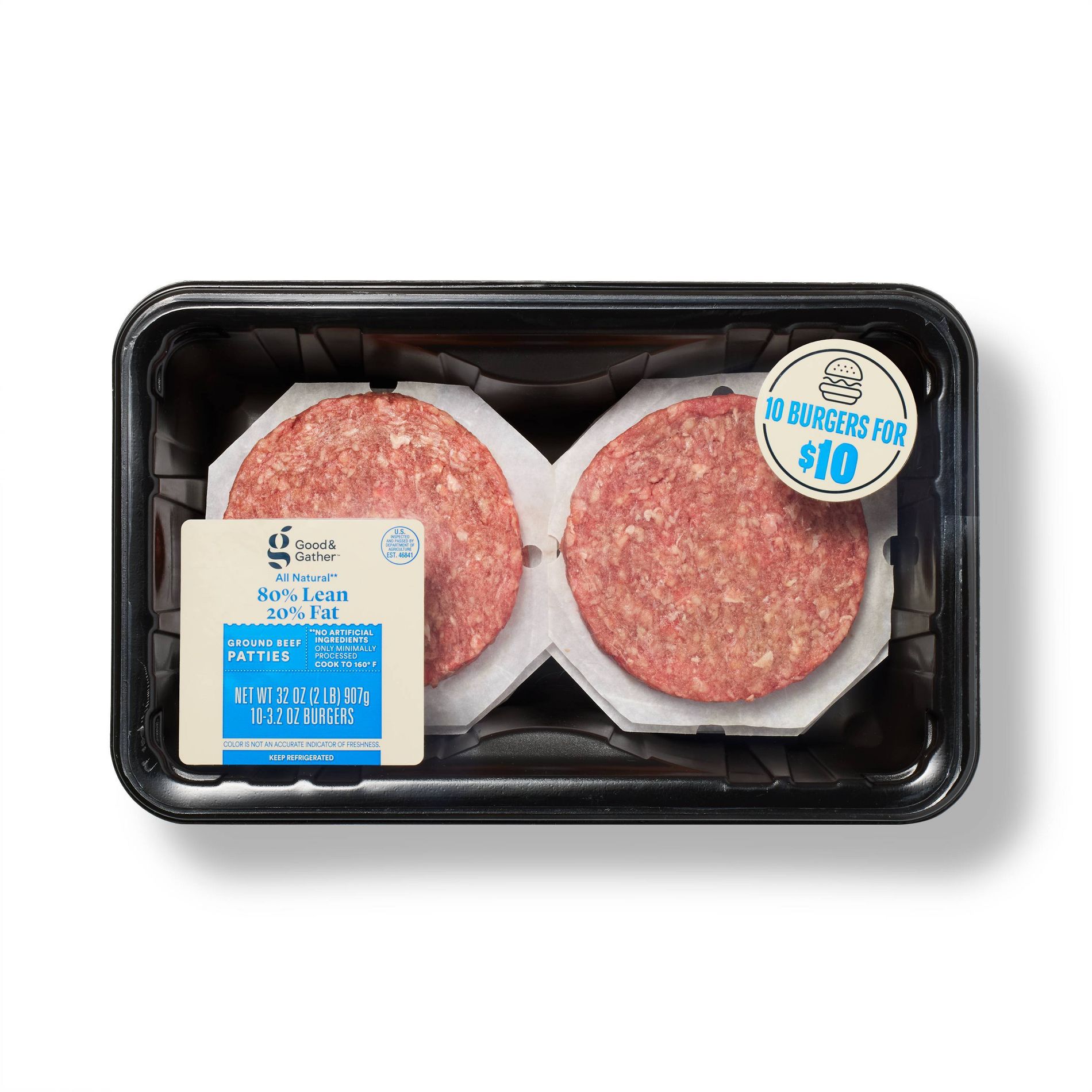 Ground Beef Patties 80% lean 20% fat 10ct/32oz - Good & Gather™