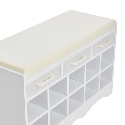 White Entryway Shoe Bench with Drawers and Cushioned Seat