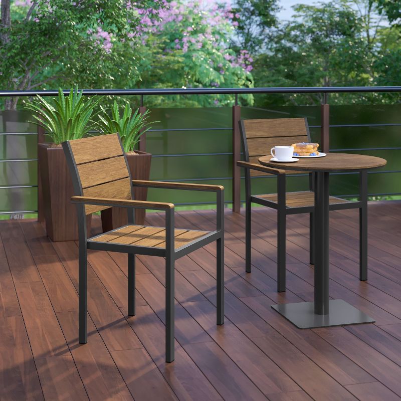 Flash Furniture Finch Commercial Grade Patio Chair with Arms, Stackable Side Chair with Faux Teak Poly Slats and Metal Frame, 6 of 13