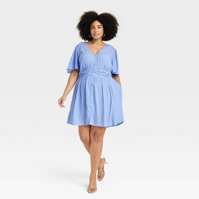 Women's Flutter Short Sleeve Printed Crepe Mini Dress - A New Day™ Blue/White Polka Dots 4X