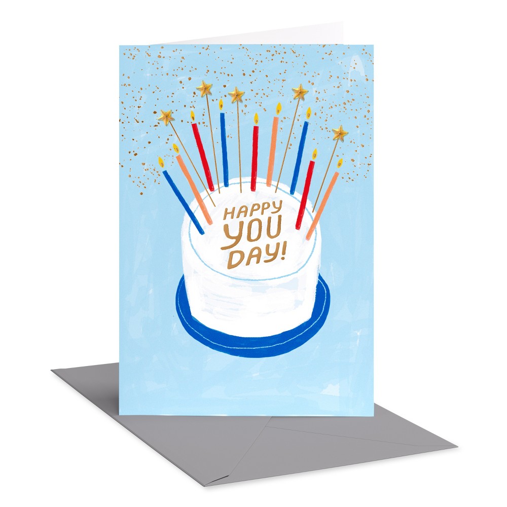 Birthday Card for Him Happy You Day Gold and Blue Sparkles and Candles Includes Envelope