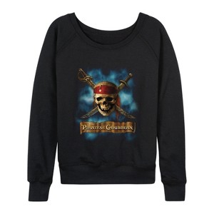 Women's - Disney - Skull And Crossbones Lightweight French Terry Wide Neck Long Sleeve Graphic Shirt - 1 of 4