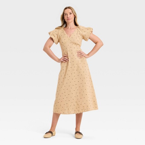 Женские платья Universal Thread Women's Puff Short Sleeve Midi Sundress - Universal Thread™ Tan Floral XL