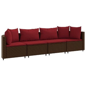 vidaXL Patio Sofa Set with Cushions Lounge Setting Outdoor Furniture Poly Rattan - Brown and Red 4 Piece - 1 of 4