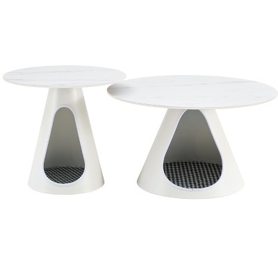 Vynxaria Marble-Look Round End Tables Set of 2 with Cat Beds