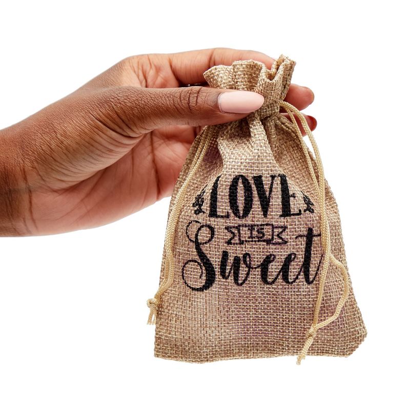 Sparkle and Bash 30 Pack Small Burlap Gift Bags with Drawstring for Wedding Party Favors, Jewelry, Love Is Sweet, 4 x 6 In, 3 of 7