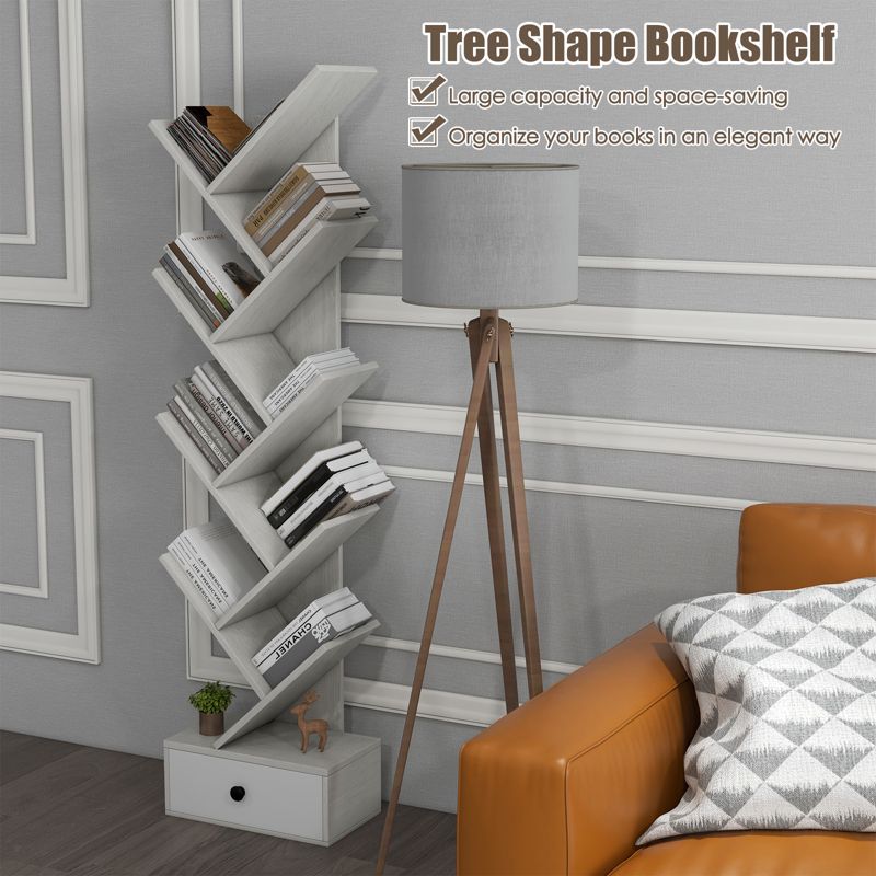 Tangkula 10-tier Tree-shaped Bookshelf with Drawer 59” Wood Bookshelf w/ 10 Compartments Home Organizer Display Shelf Beige/Brown, 5 of 11