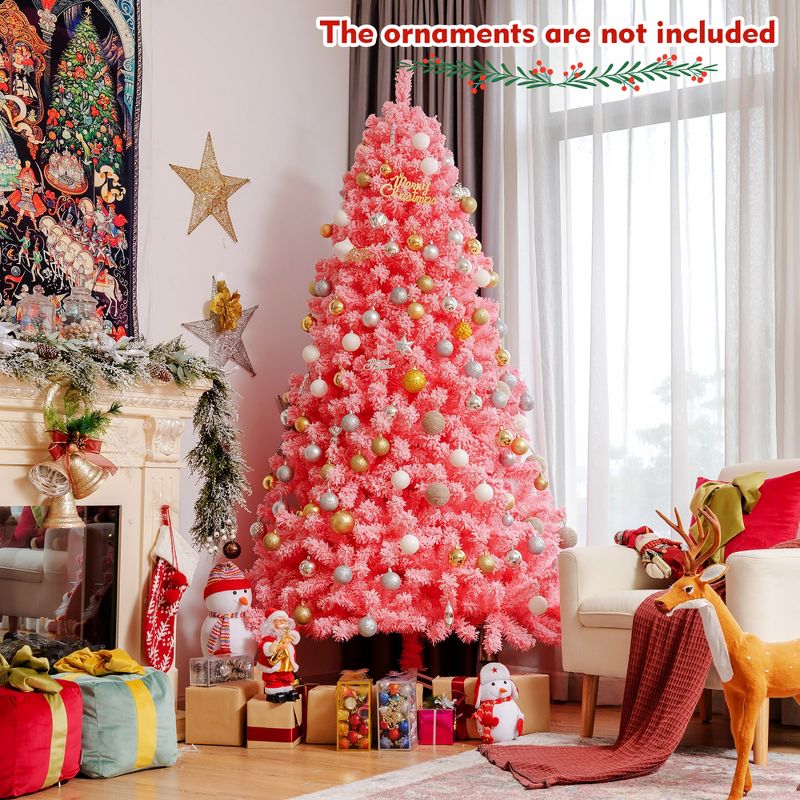 Costway 7.5ft Snow Flocked Hinged Artificial Christmas Tree w/ Metal Stand Pink, 2 of 13