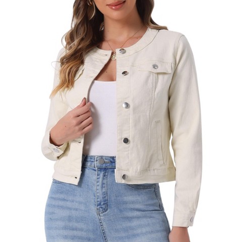 Женские куртки INSPIRE CHIC Women's Button Down Collarless Long Sleeve Jean Jackets Large Beige