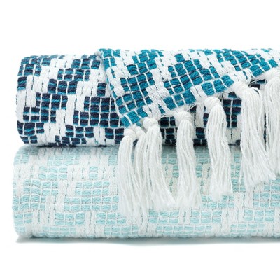 Blue and White Cotton Chevron Throw Blanket with Tassels