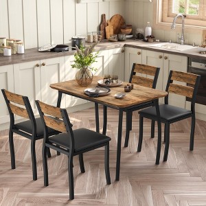 Dining Table Set for 4, 5 Piece Metal Frame Kitchen Table and Chair Set with Chamfer Design, Space-Saving Dining Room Furniture - 1 of 4
